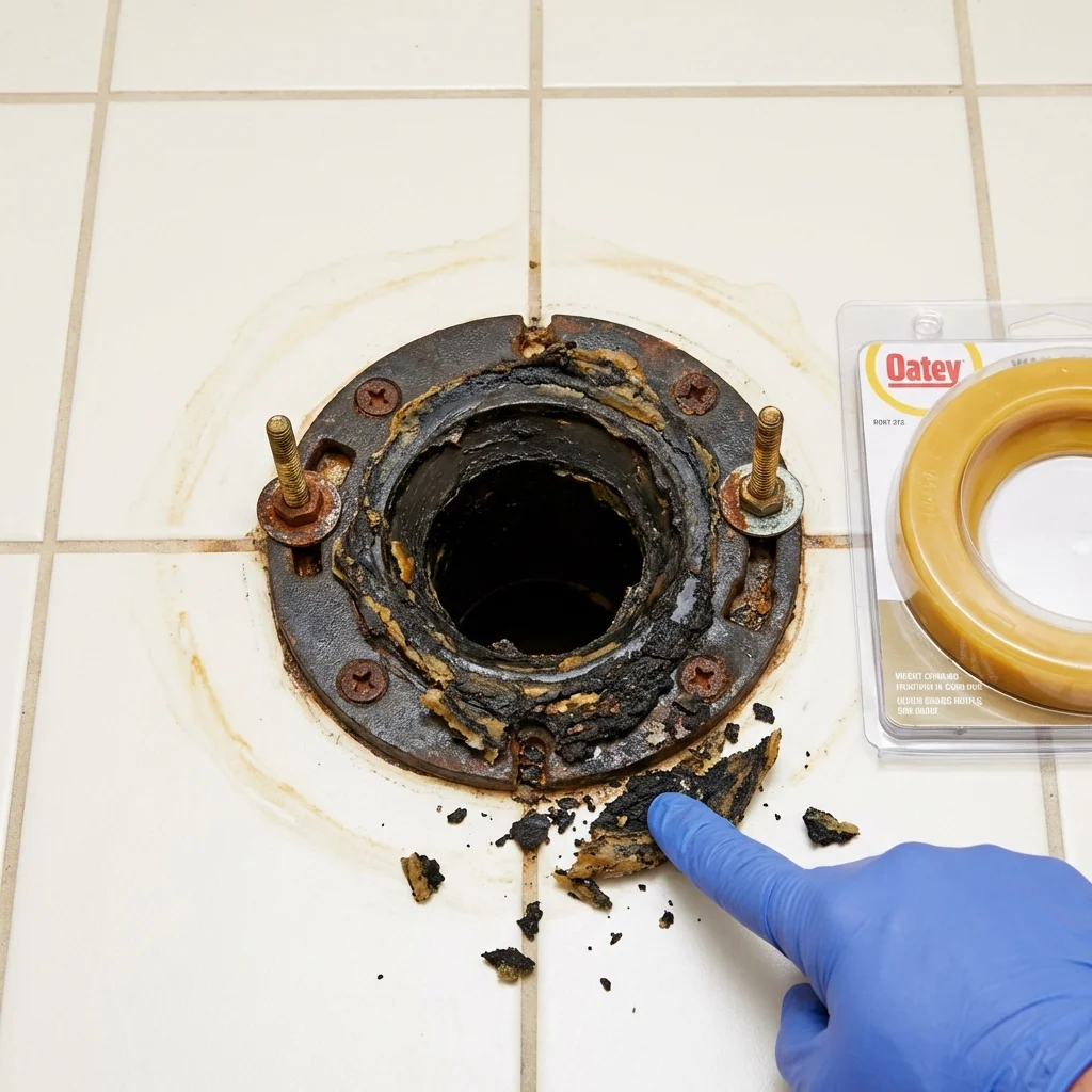 Failed wax ring showing water seepage at the base of a toilet in a Bethel, NC home