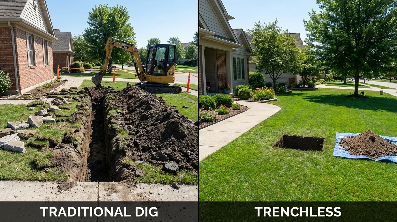 Trenchless sewer repair with minimal yard damage versus traditional excavation in Bethel, NC