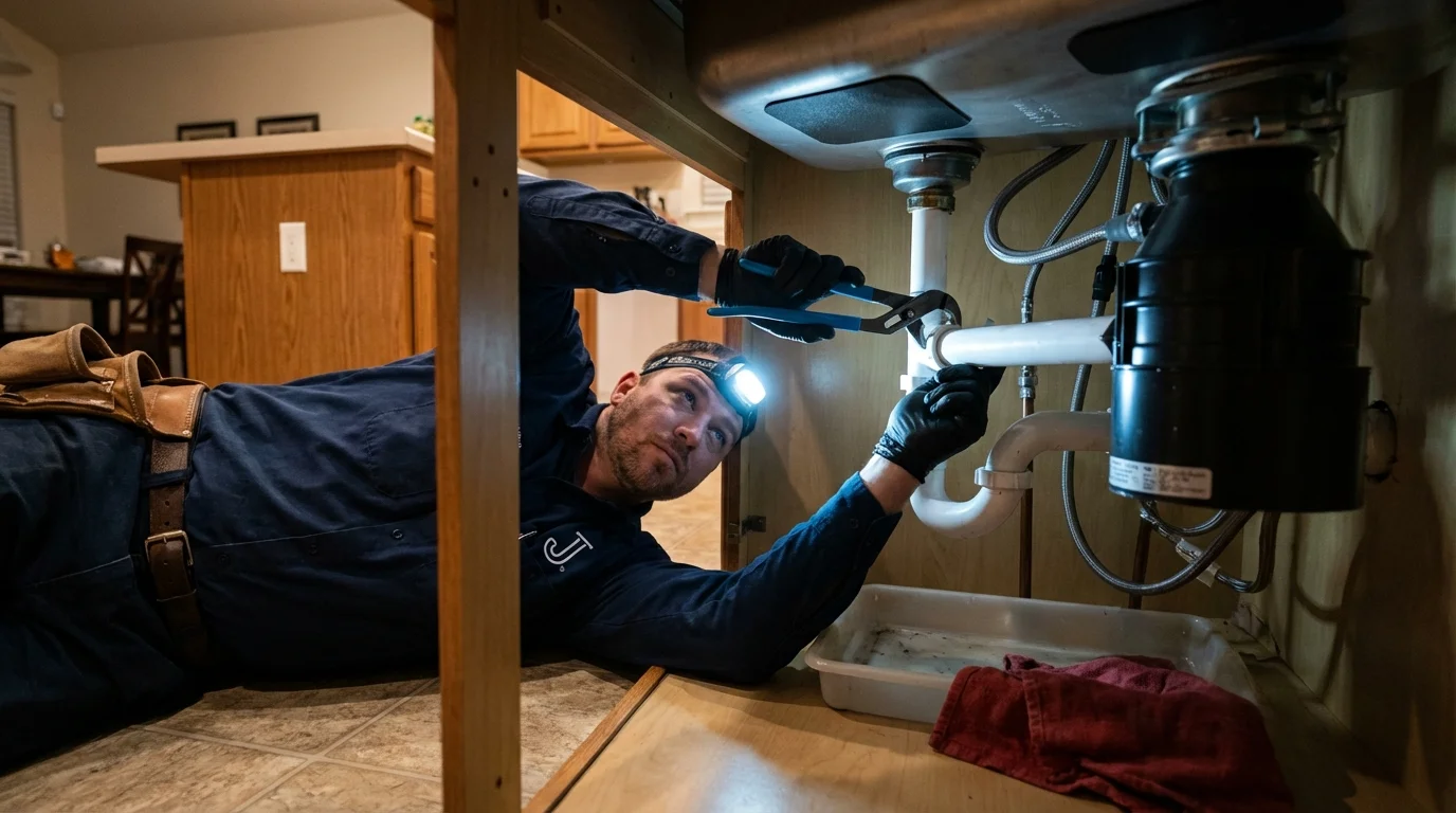 P-trap and supply line connections under a kitchen sink showing a common leak point in Bethel, NC